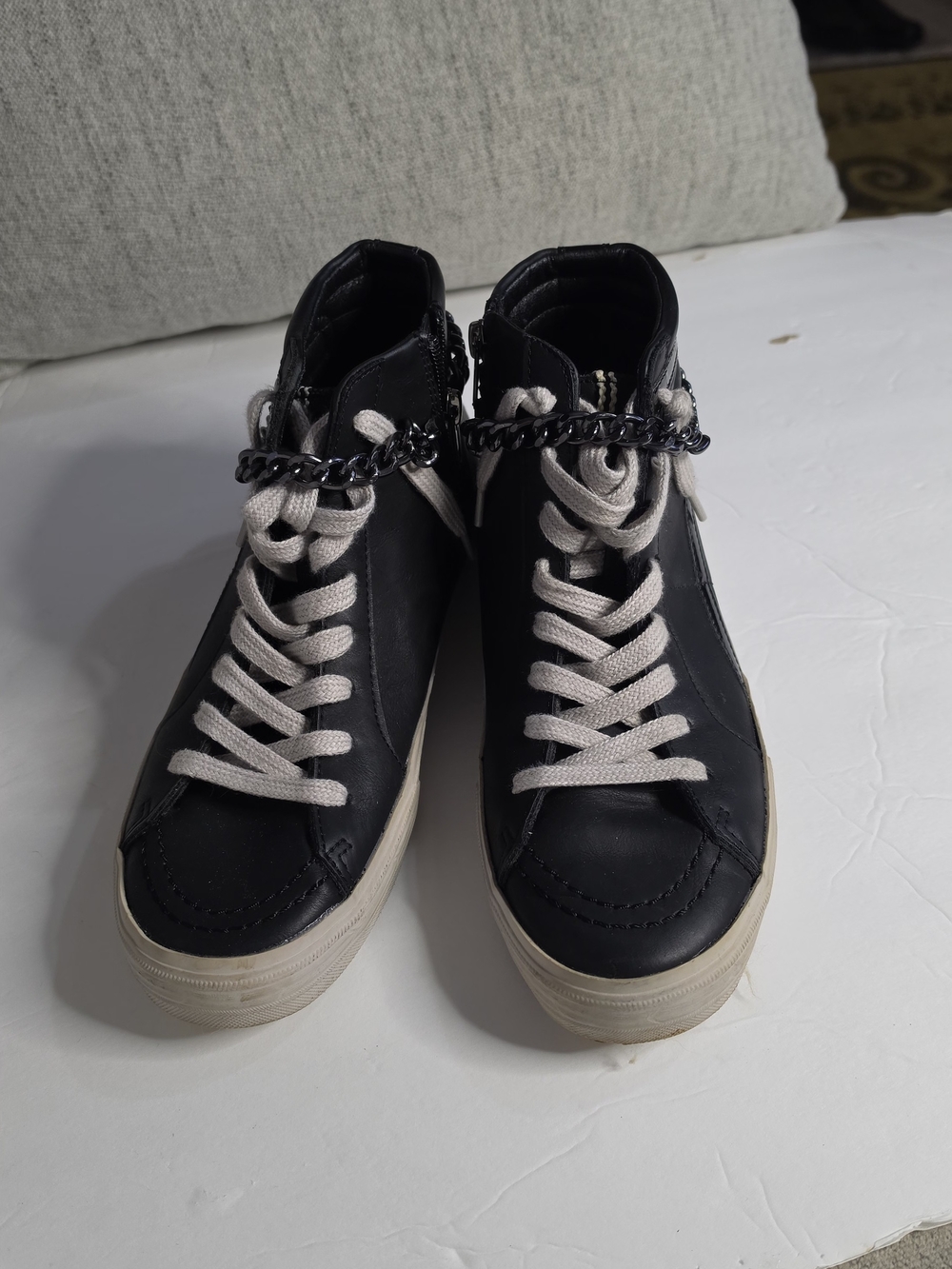 ShuShop Black High-Top Sneakers with Cream Laces and Chain
